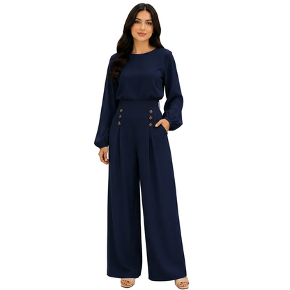 Women's High-Waist Wide Leg Trousers with Button Detail