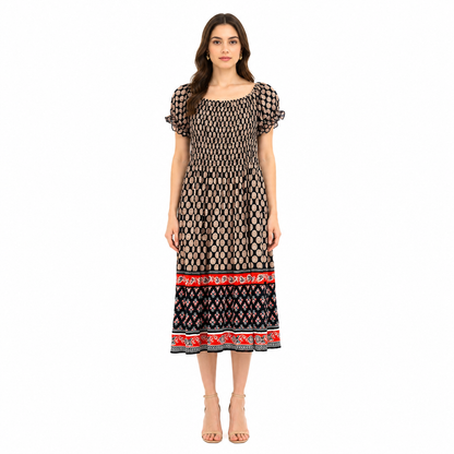 Women's Polka Dot Smocked Bodice Dress with Border Print