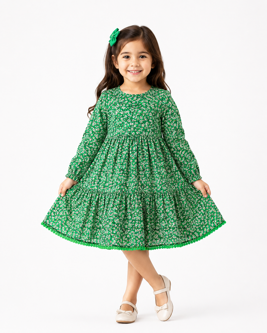 Girls Long Sleeved Dress - Green Floral  (3-8y) H53595