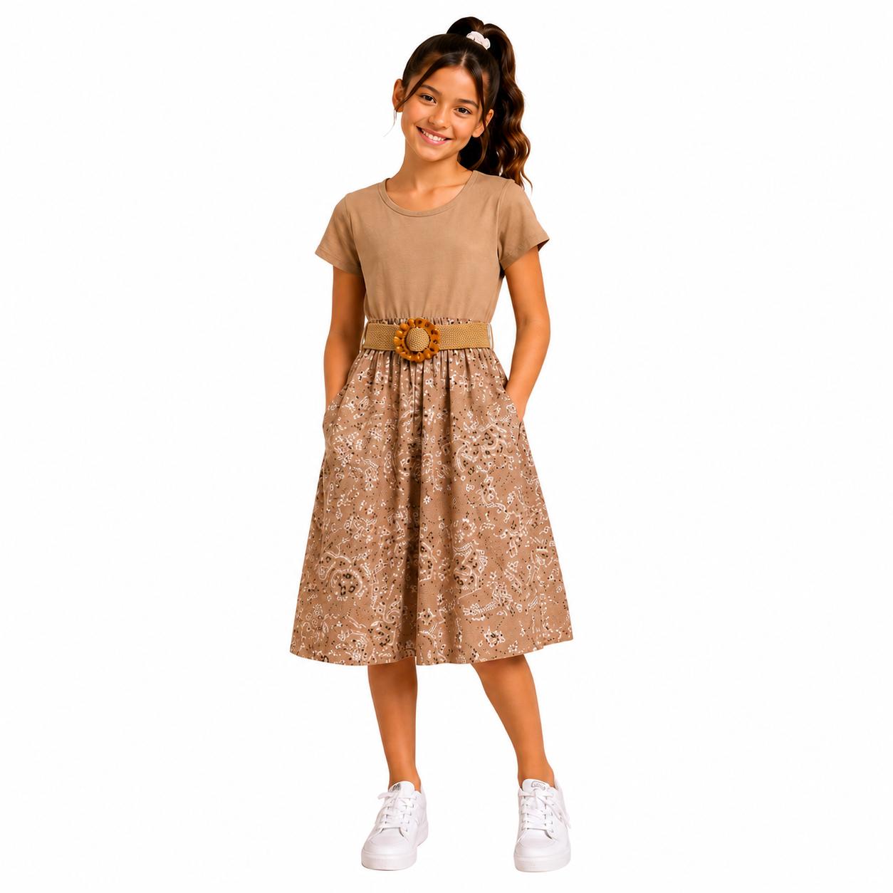 Girls Printed A-Line Frock with Decorative Belt