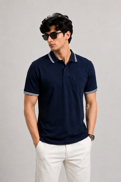 Men's Premium Contrast Trim Polo Shirt – Smart Casual Short Sleeve Tee