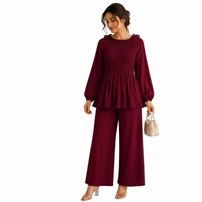 Women's Smocked Co-Ord Set with Wide-Leg Trousers | Casual Outfit