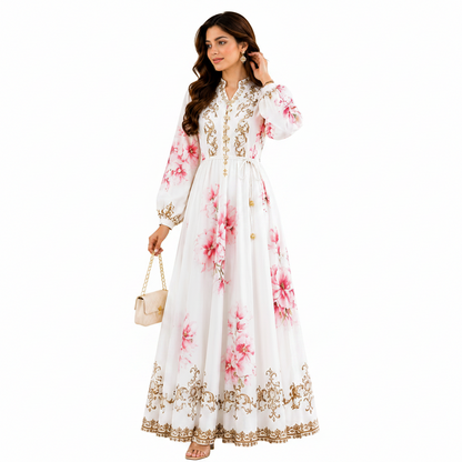 Women's Floral Print Maxi Dress with Matching Belt