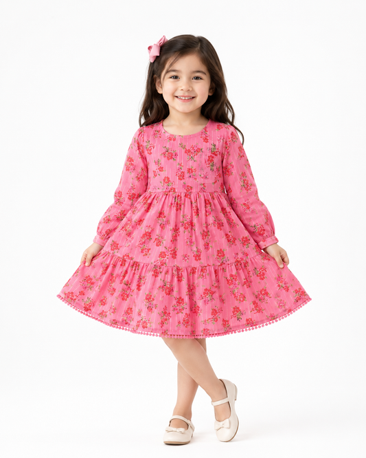 Girls Long Sleeved Dress - Pink Floral  (3-8y)  H53592