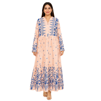 Ladies Long Dress – Premium Cotton Linen Embroidered Maxi Dress for Women