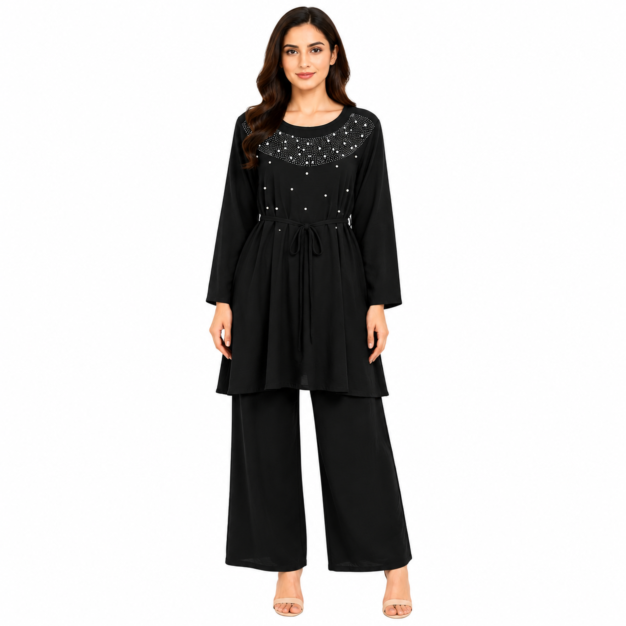 Women's Pearl Embellished Tie-Waist Co-Ord Set | Elegant Outfit