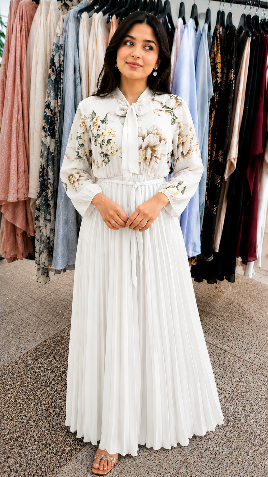 Modest Tie-Neck Floral Maxi Gown