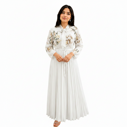 Women's Modest Tie-Neck Floral Maxi Gown Dress