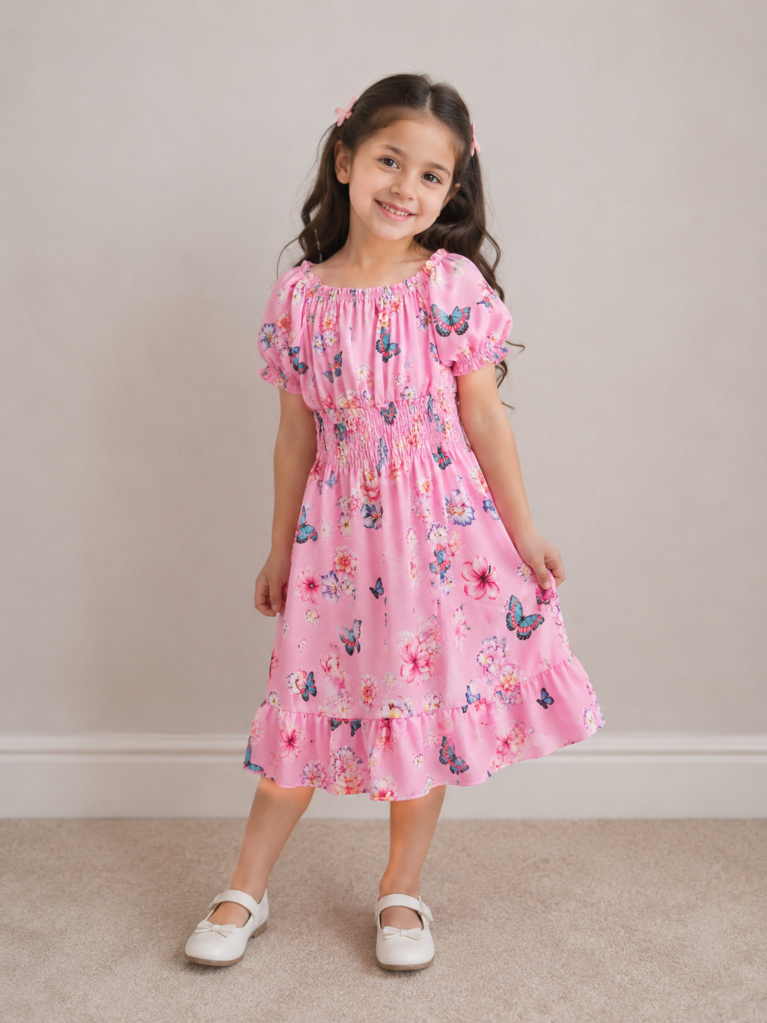 Girls Blue Floral Butterfly Print Smocked Dress with Puff Sleeves and Ruffle Hem