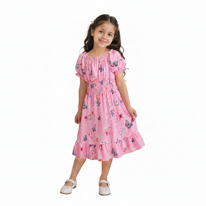 Girls Blue Floral Butterfly Print Smocked Dress with Puff Sleeves and Ruffle Hem