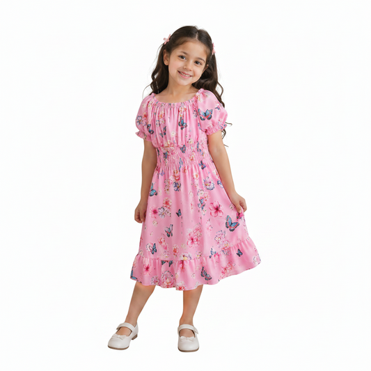 Girls Blue Floral Butterfly Print Smocked Dress with Puff Sleeves and Ruffle Hem