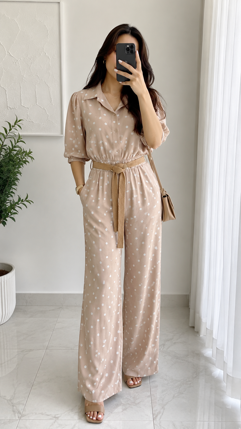 Elegant Beige Polka Dot Jumpsuit for Women | Chic Casual Wide Leg Outfit