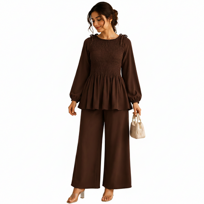 Women's Smocked Co-Ord Set with Wide-Leg Trousers | Casual Outfit