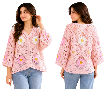 Women's Floral Crochet Jacket Shirt | Casual Layering Top
