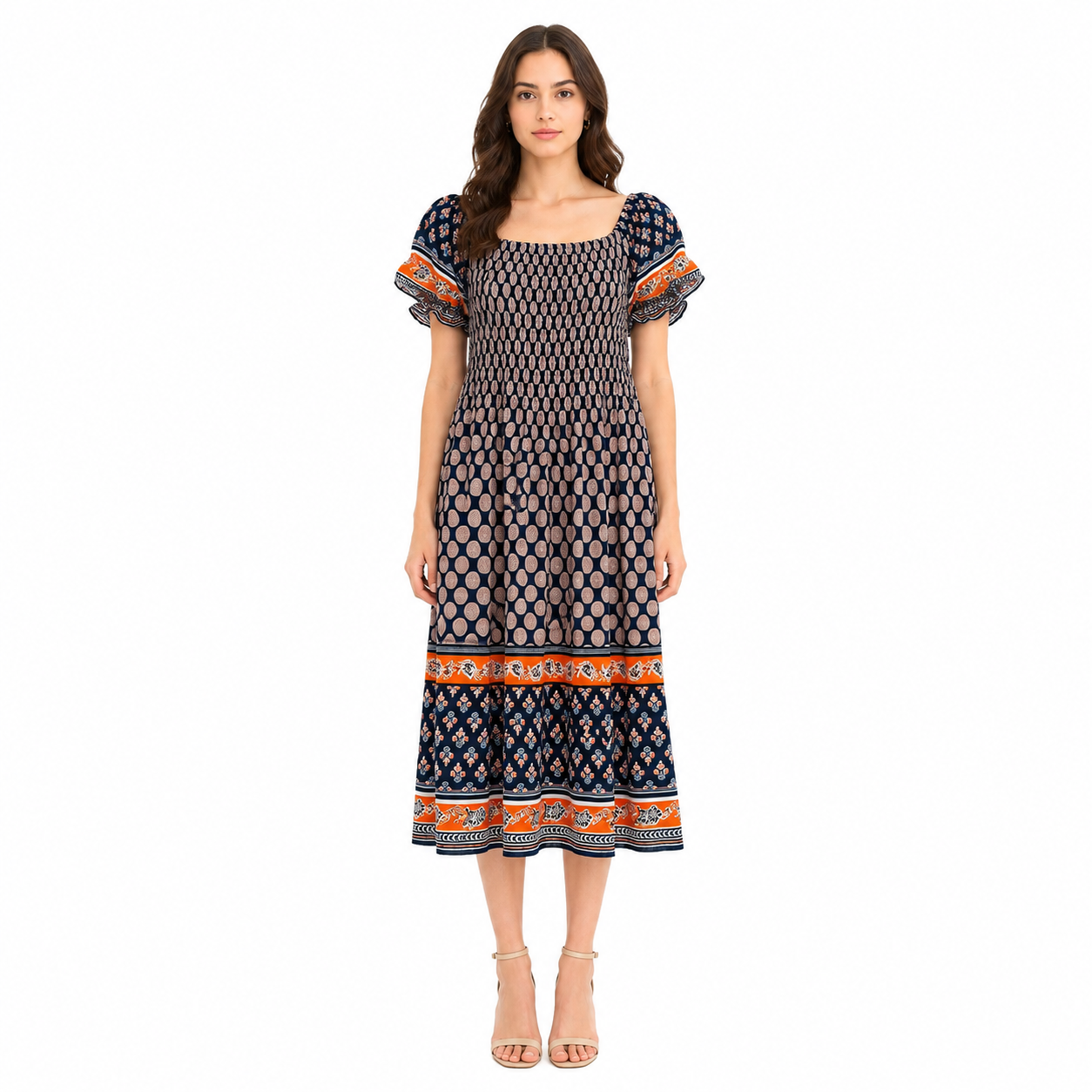 Women's Polka Dot Smocked Bodice Dress with Border Print