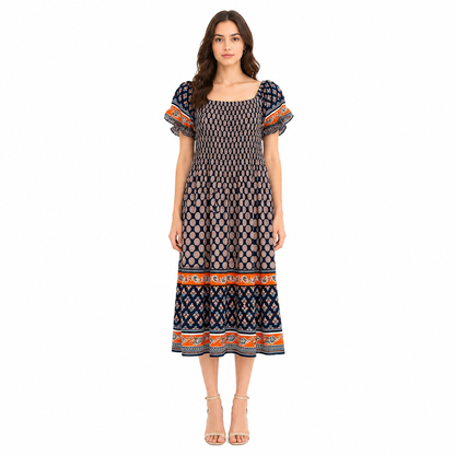 Women's Polka Dot Smocked Bodice Dress with Border Print