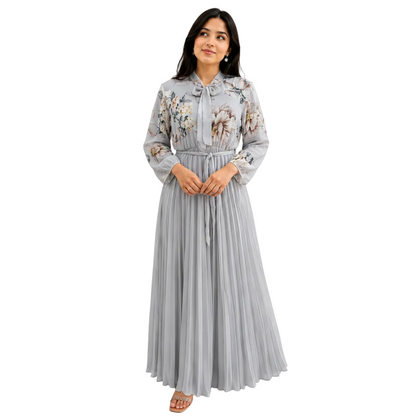 Women's Modest Tie-Neck Floral Maxi Gown Dress