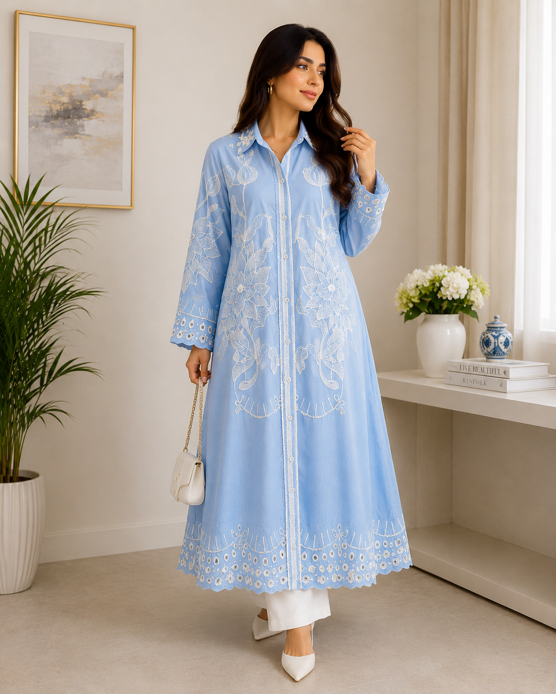 Luxury Embroidered Floral Long Shirt Dress Collection