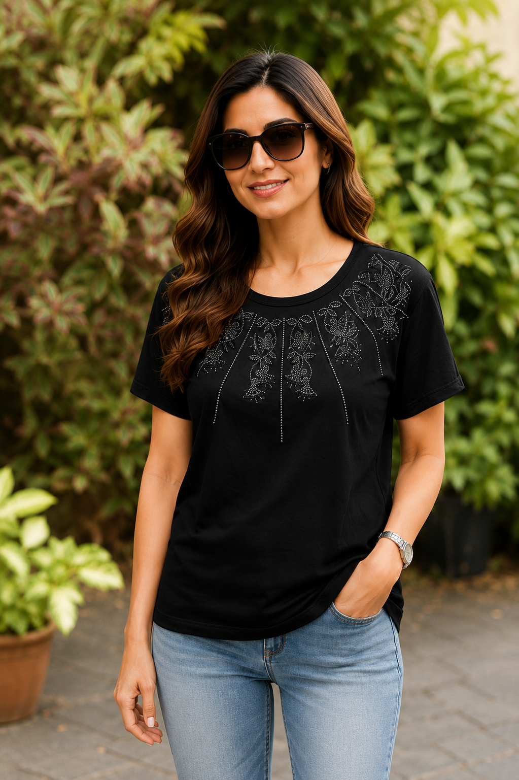 Stylish Rhinestone Floral Ladies T-Shirt – One Size