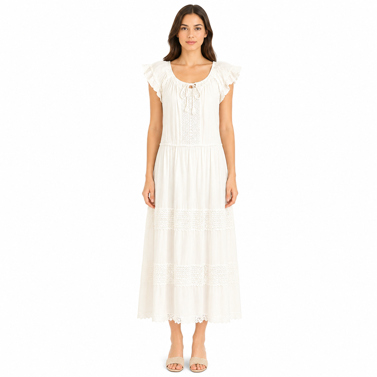 Women's Casual Scoop Neck Smocked Waist Tiered Gown