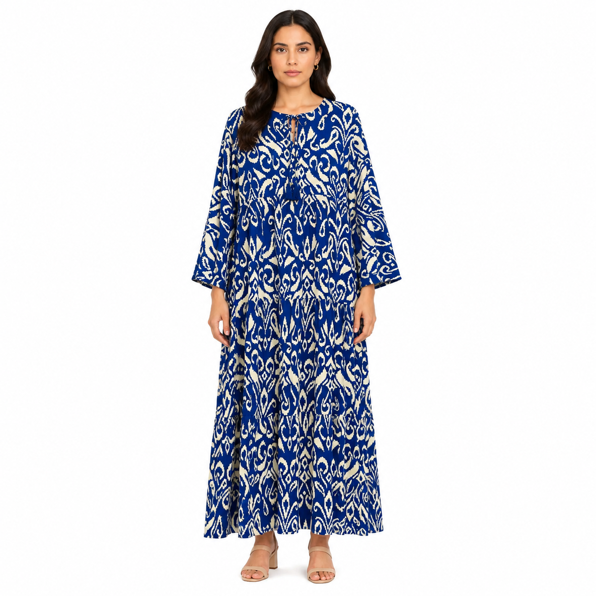 Casual Tribal Motif Maxi Dresses with Drawstring Neck
