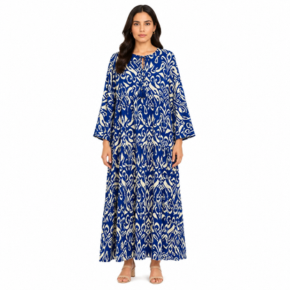 Casual Tribal Motif Maxi Dresses with Drawstring Neck