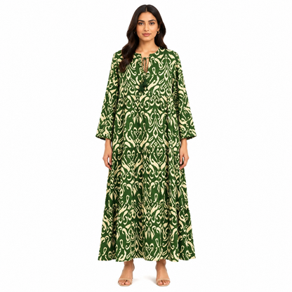 Casual Tribal Motif Maxi Dresses with Drawstring Neck