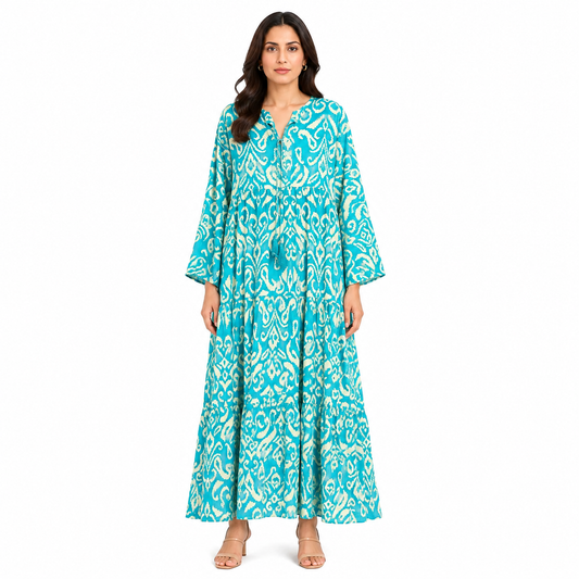 Casual Tribal Motif Maxi Dresses with Drawstring Neck
