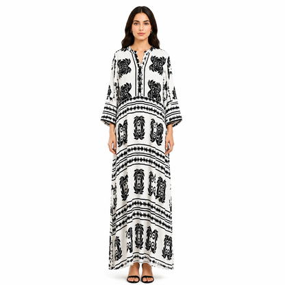 Women's Loose-Fit Bohemian Print Dress with Ruffled Sleeves