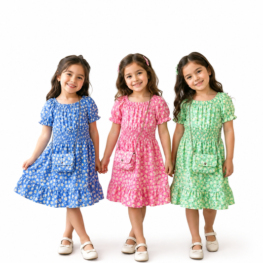 Girls Floral Print Dress | Kids Short Sleeve Summer Dress