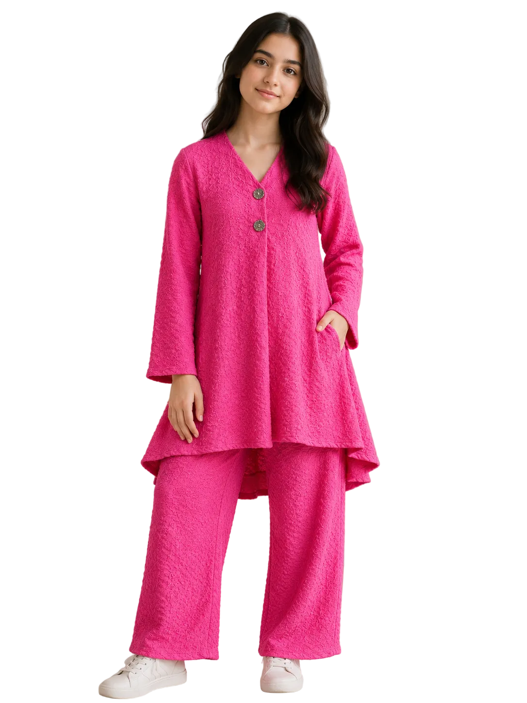 Girls Textured 2-Piece Co-ord Suit | Long Shirt & Trouser Set