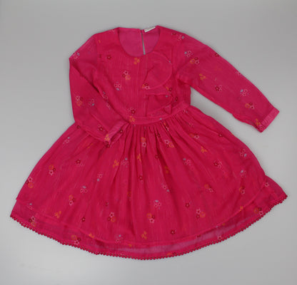 Girls Long Sleeved Dress - Fuschia Floral  (3-8y)  H53593