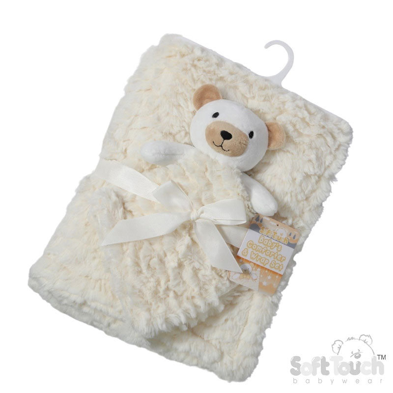Elegance Luxury Fluffy Teddy Bear Wrap &amp; Comforter Gift Set – Cream