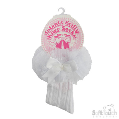 SPOTTY TUTU LACE KNEE SOCKS WITH SPOTTY BOW - WHITE (18 Months - 6 Years) GS220-W