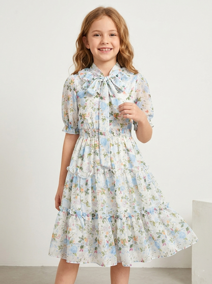 Blue Floral Bow Midi Dress