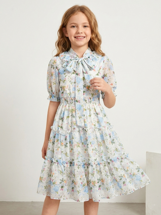 Blue Floral Bow Midi Dress