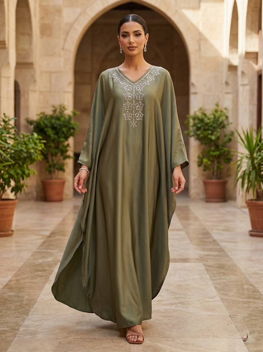 Embroidered Silk-Satin Kaftan Abaya