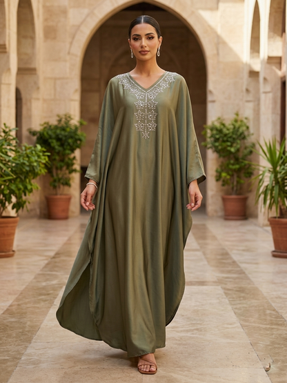 Embroidered Silk-Satin Kaftan Abaya