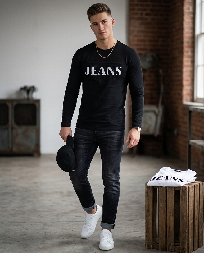 Embossed Jeans Long-Sleeve