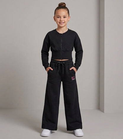 2pc Black Compressed Full Zip Jacket and Wide-Leg Tracksuit Set