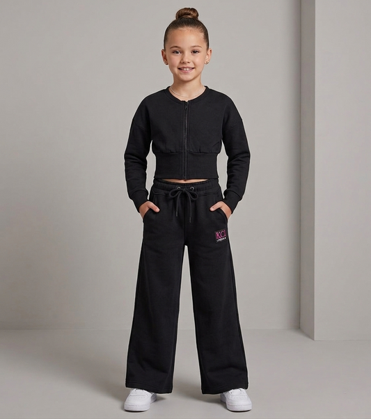 2pc Black Compressed Full Zip Jacket and Wide-Leg Tracksuit Set