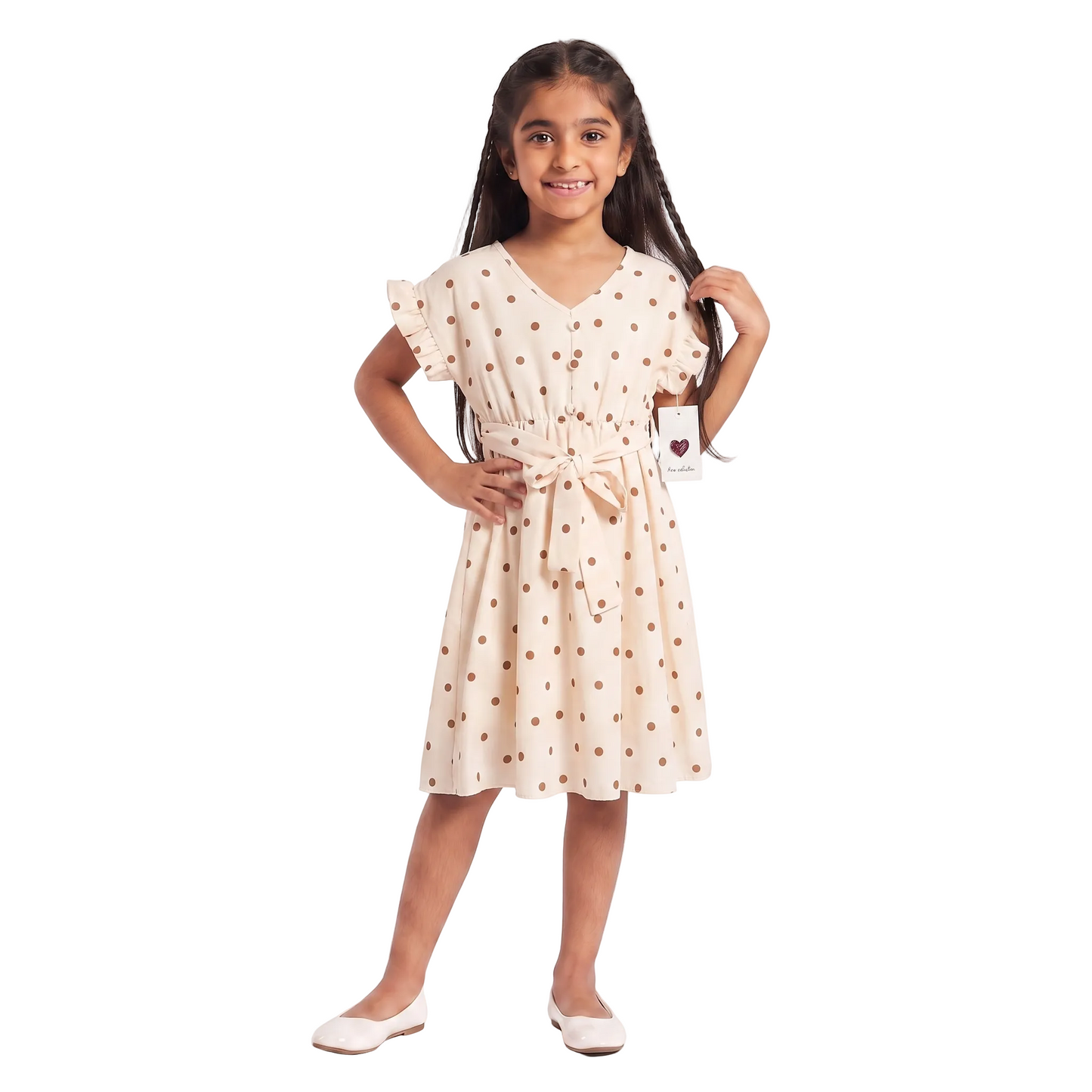 Girls Polka Dot V-Neck Midi Dress with Waist Tie Belt