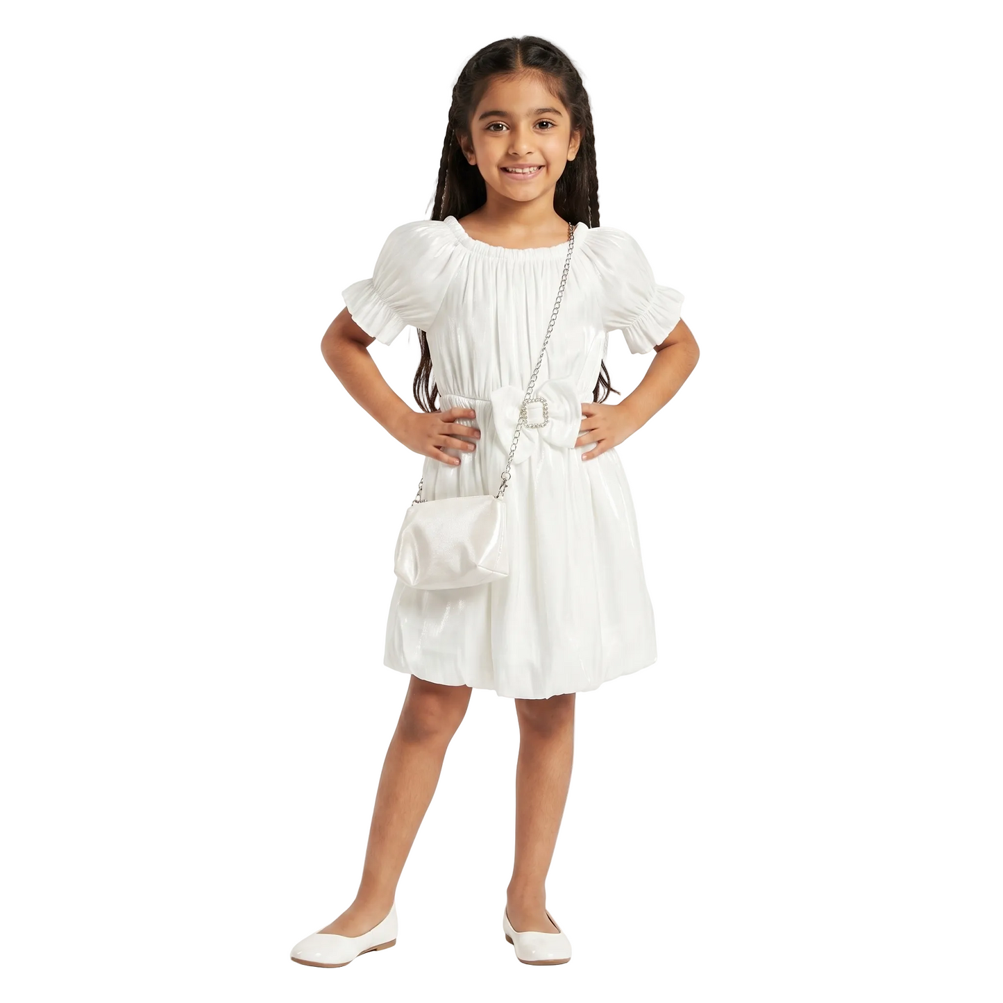 Girls Elegant Ruched Party Dress with Matching Crossbody Bag