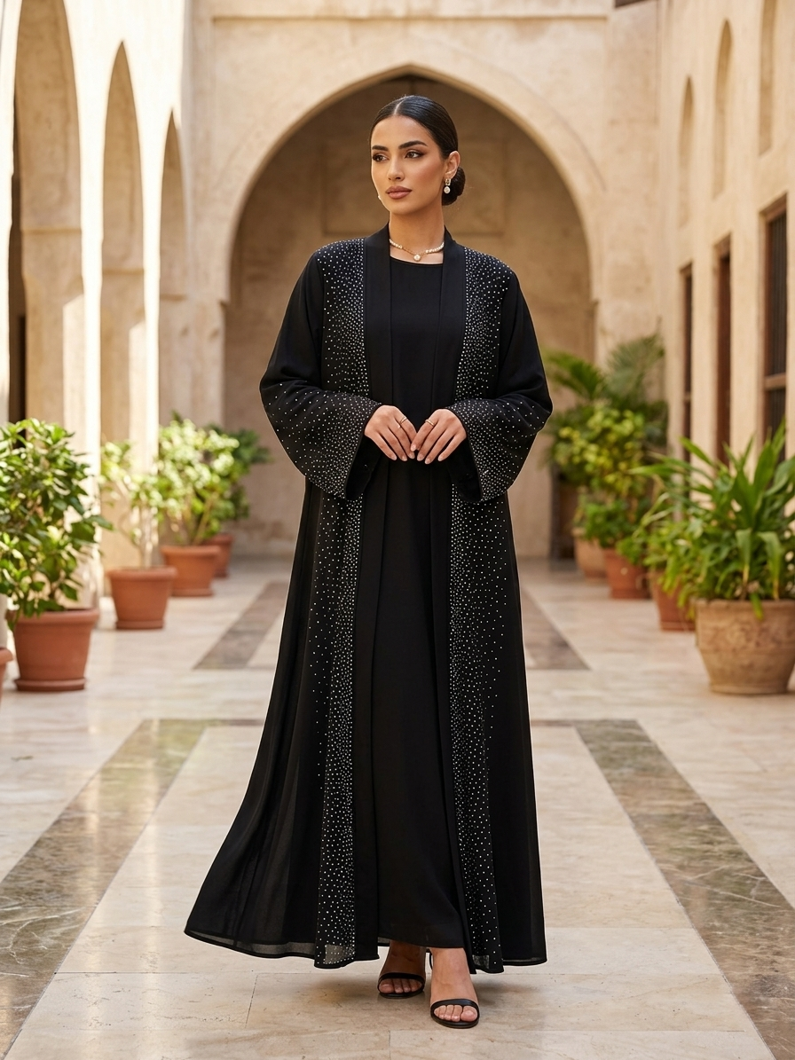 Rhinestone Embellished Open Front Abaya Set