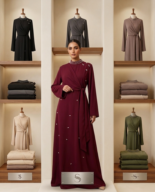 Pearl-Neckline Faux-Wrap Embellished Abaya