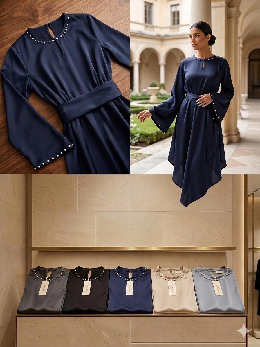 Pearl-Trimmed Satin Asymmetric Abaya