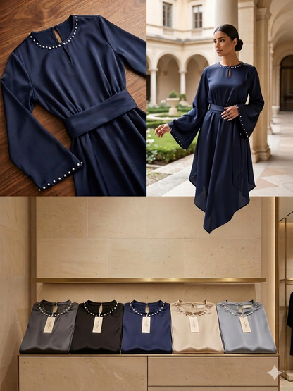 Pearl-Trimmed Satin Asymmetric Abaya