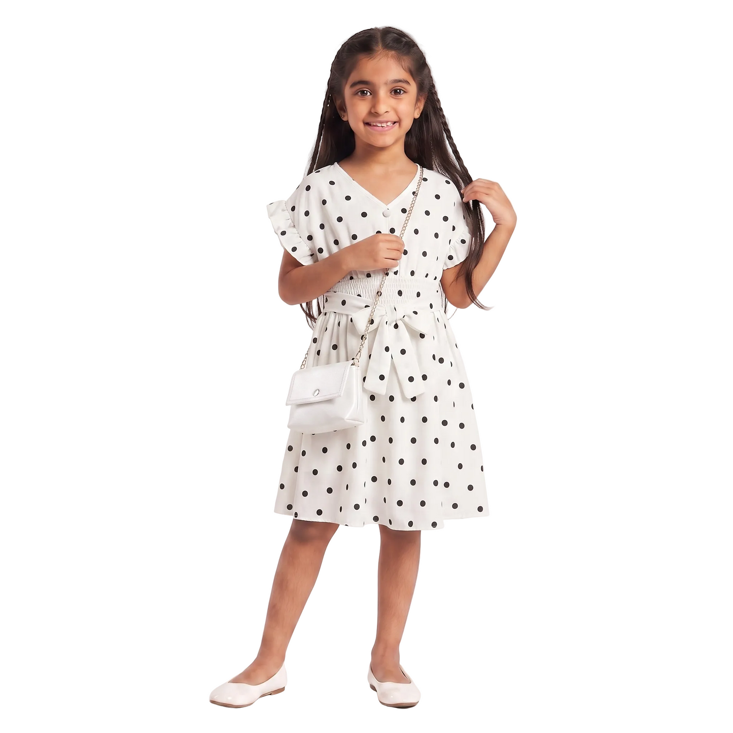 Girls Polka Dot V-Neck Midi Dress with Waist Tie Belt