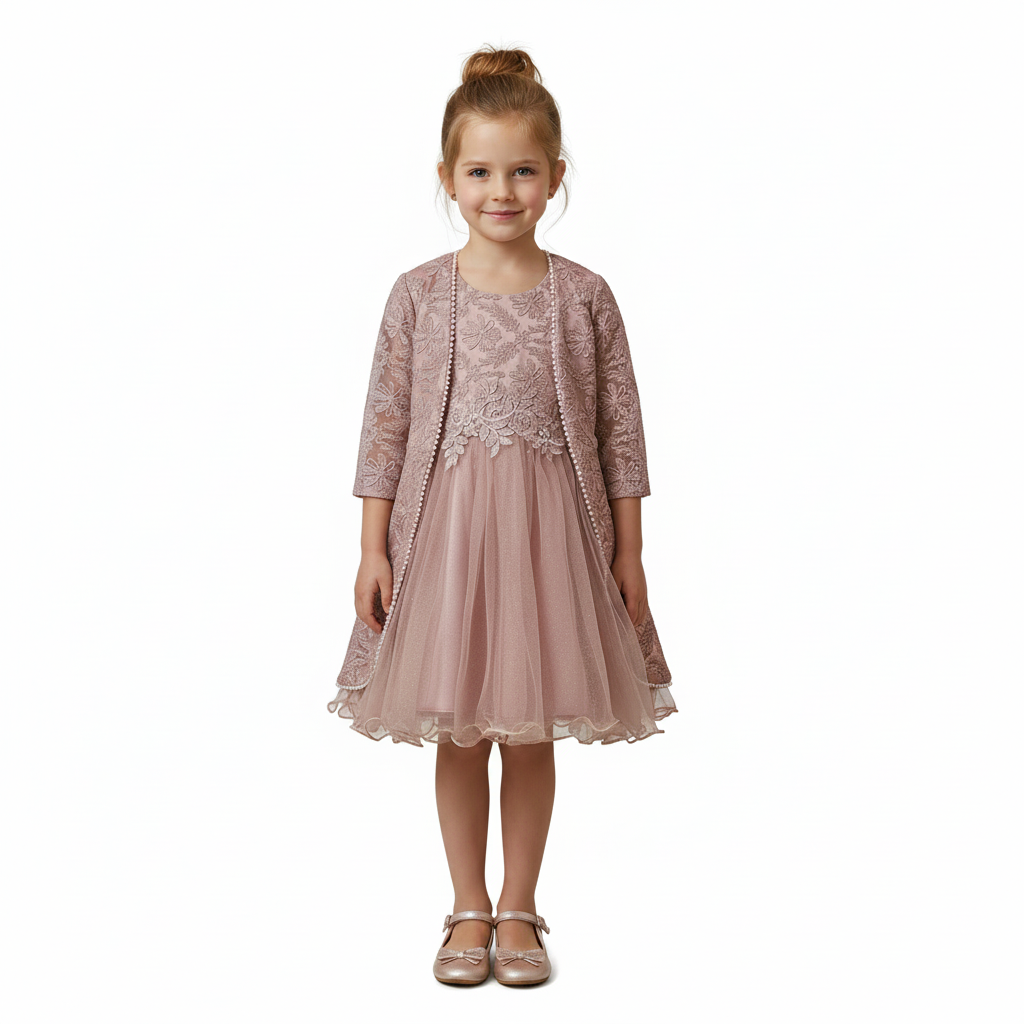 Girls Embroidered Floral Tulle Party Dress with Matching Jacket