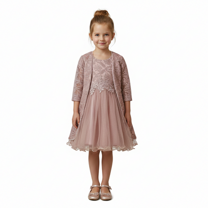Girls Embroidered Floral Tulle Party Dress with Matching Jacket